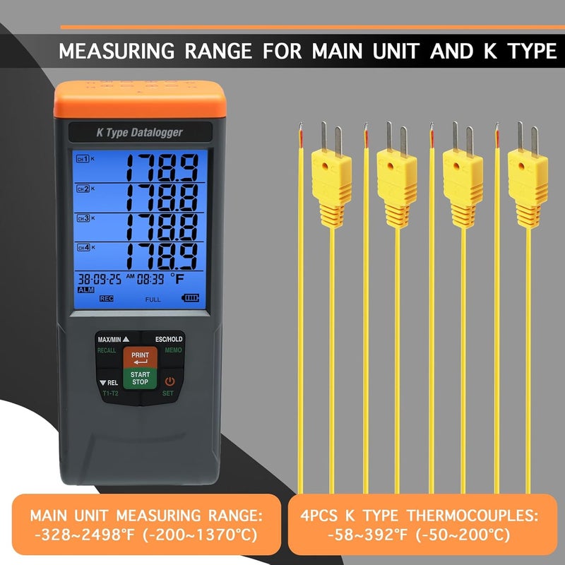 DANOPLUS Thermocouple Thermometer Temperature Data Logger, 4 Channels K Type Thermometer with 48,000 Groups Data Records, Temperature Logger with -328~2498℉ Measuring Range, Buzzer & Visible Alarm, Date&Time - Image 2